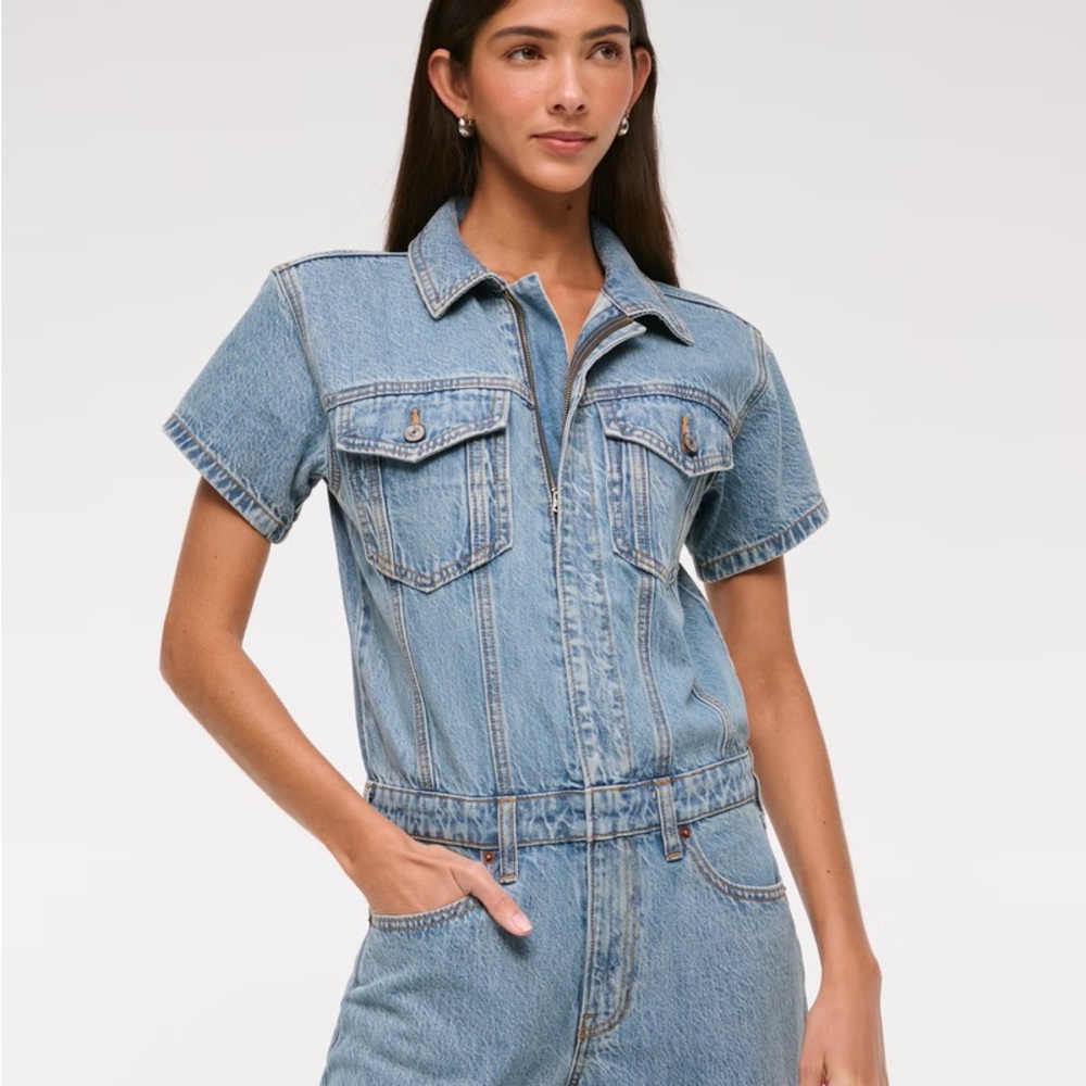 Abercrombie & Fitch Blue Denim Overalls with Fitted Waist XLT